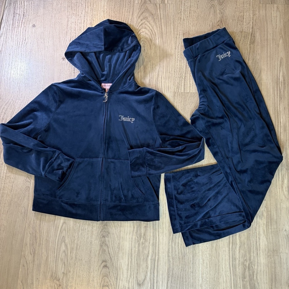 Juicy Couture Velour Tracksuit Set Blue J Zippered Hoodie XXL‎ Pants L  Y2K